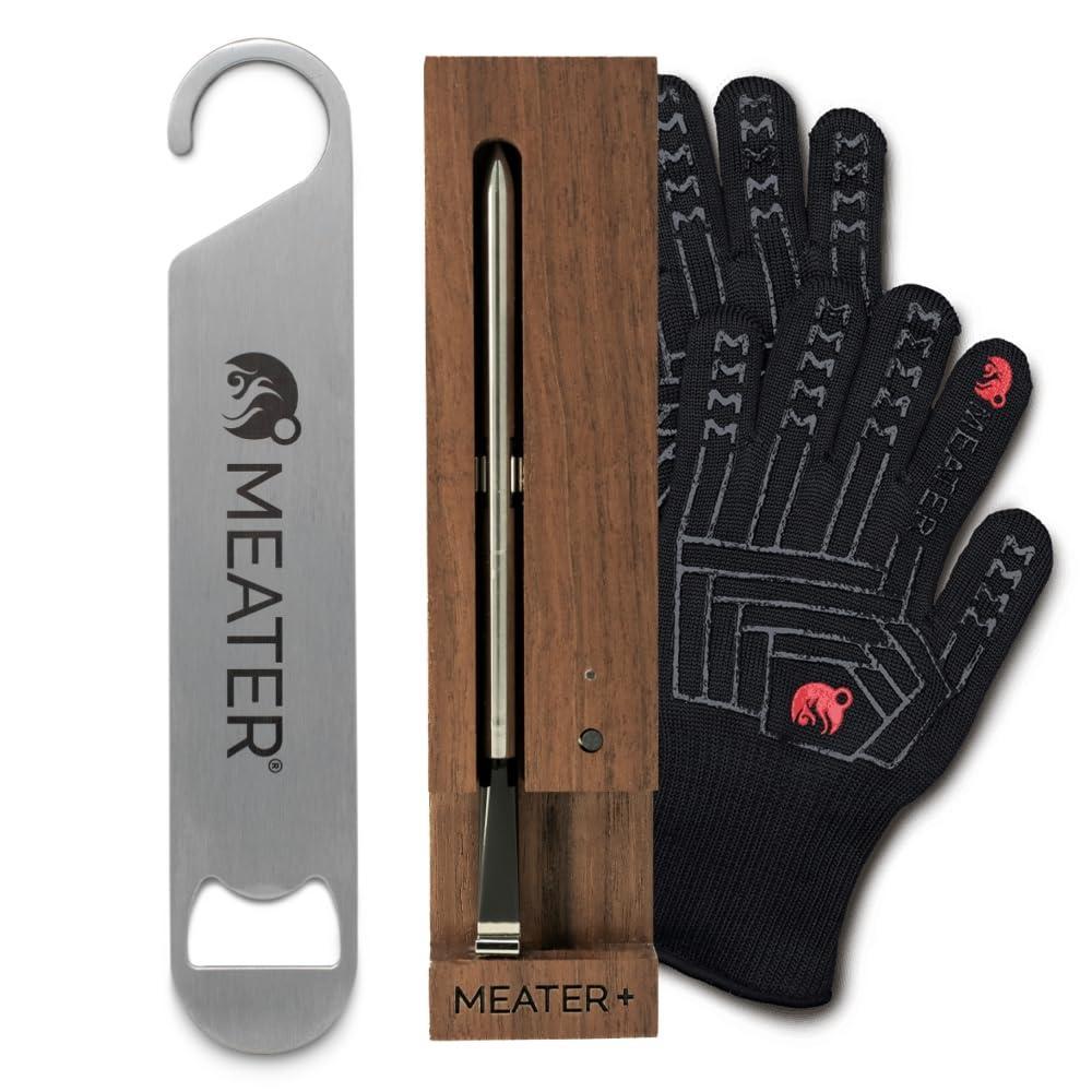 imageMEATER Plus Bundle Smart Digital Wireless Meat Thermometer with HeatResistant BBQ Mitts ampamp Bar Blade Opener  Grilling Smoking Roasting Baking ampamp BBQ  Limited Edition Brown Sugar Color